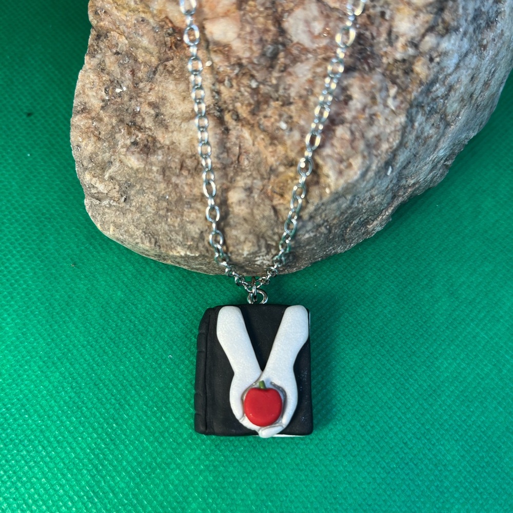 Polymer clay, Book Necklace with red apple accent.